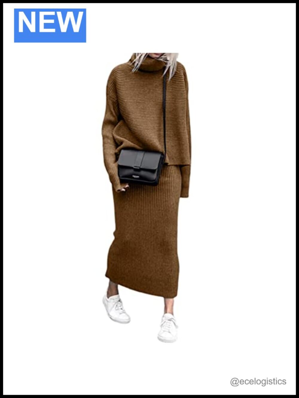 Women's Ribbed Knit 2 Piece Turtleneck Sweater and Midi Pencil Skirt Set